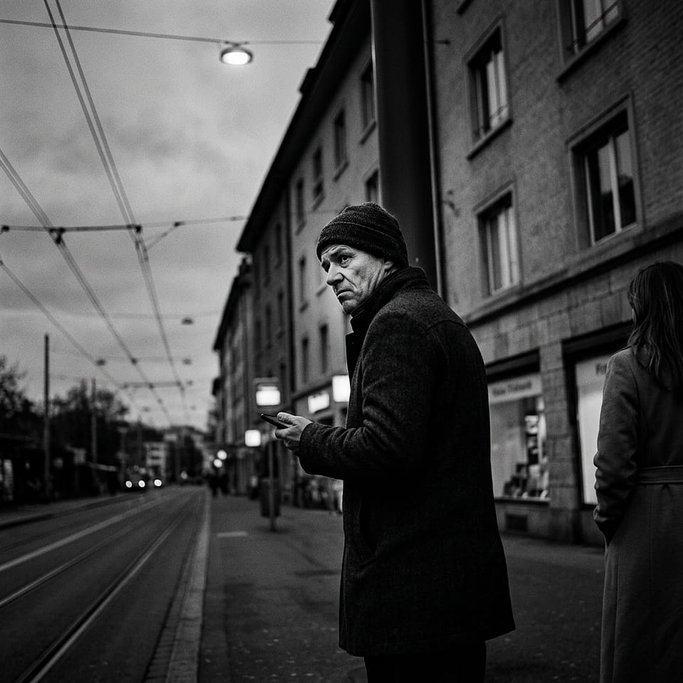 Person an einer Tramhaltestelle blickt ungeduldig auf ihr Mobiltelefon - Google Pagespeed: Website Ladezeit