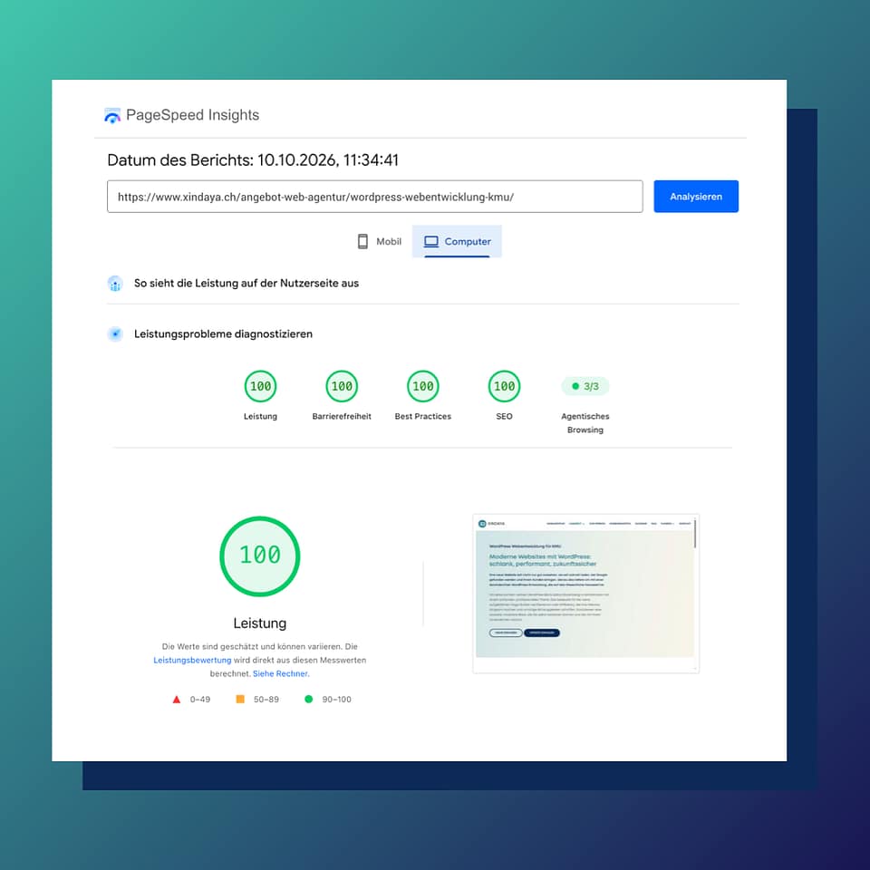Google Pagespeed Auswertung dieser Unterseite "WordPress Webentwicklung für KMU" Mobilansicht
