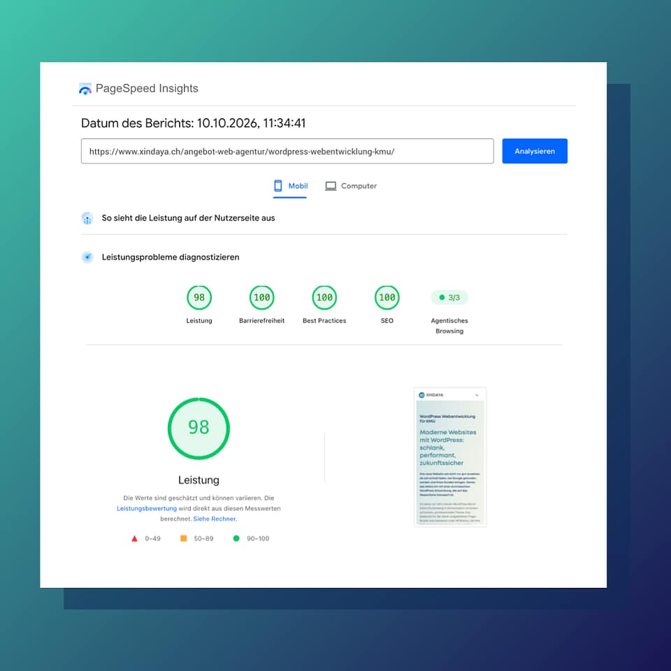 Google Pagespeed Auswertung dieser Unterseite "WordPress Webentwicklung für KMU" Computeransicht