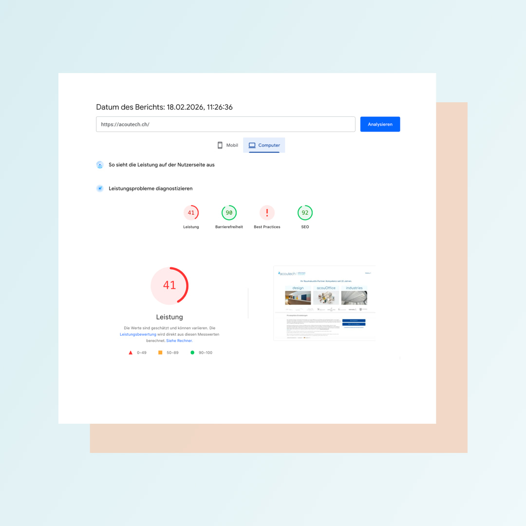 Google Pagespeed Analyse der alten Website acoutech.ch: Desktop Geräte (Test vom 18.02.2026)