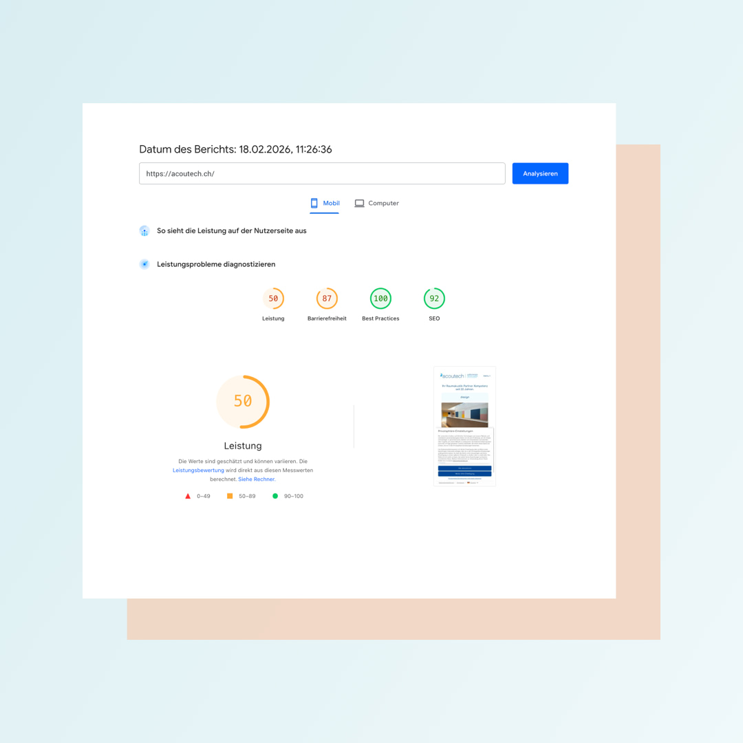 Google Pagespeed Analyse der alten Website acoutech.ch: Mobile Geräte (Test vom 18.02.2026)