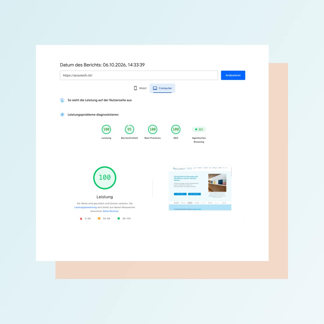 Google Pagespeed Analyse der neuen Website acoutech.ch: Desktop Geräte (Test vom 06.10.2026)