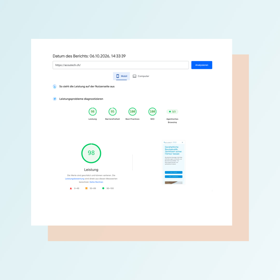 Google Pagespeed Analyse der neuen Website acoutech.ch: Mobile Geräte (Test vom 06.10.2026)